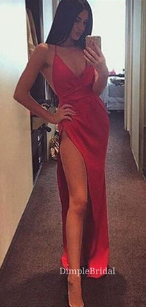 Simple Red Satin Spaghetti Straps Long Evening Prom Dresses, Mermaid V-neck Prom Dress, DM0160